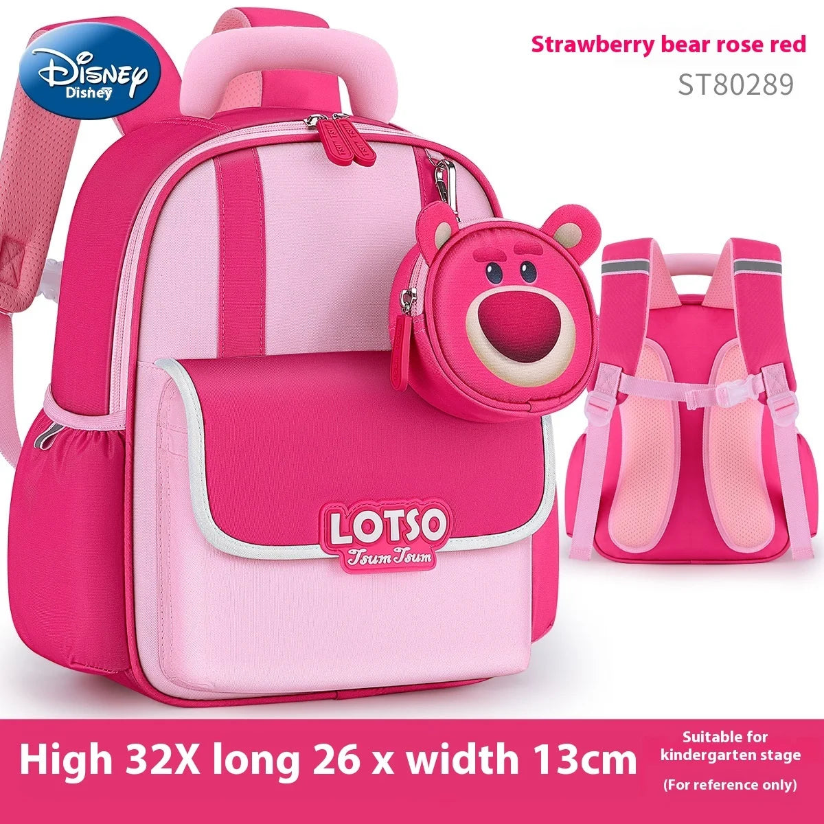 Disney Strawberry Bear Schoolbag, Girls' Kindergarten Backpack, 3-6 Years Old Children'S Plush Design, Detachable Badge Backpack  bag