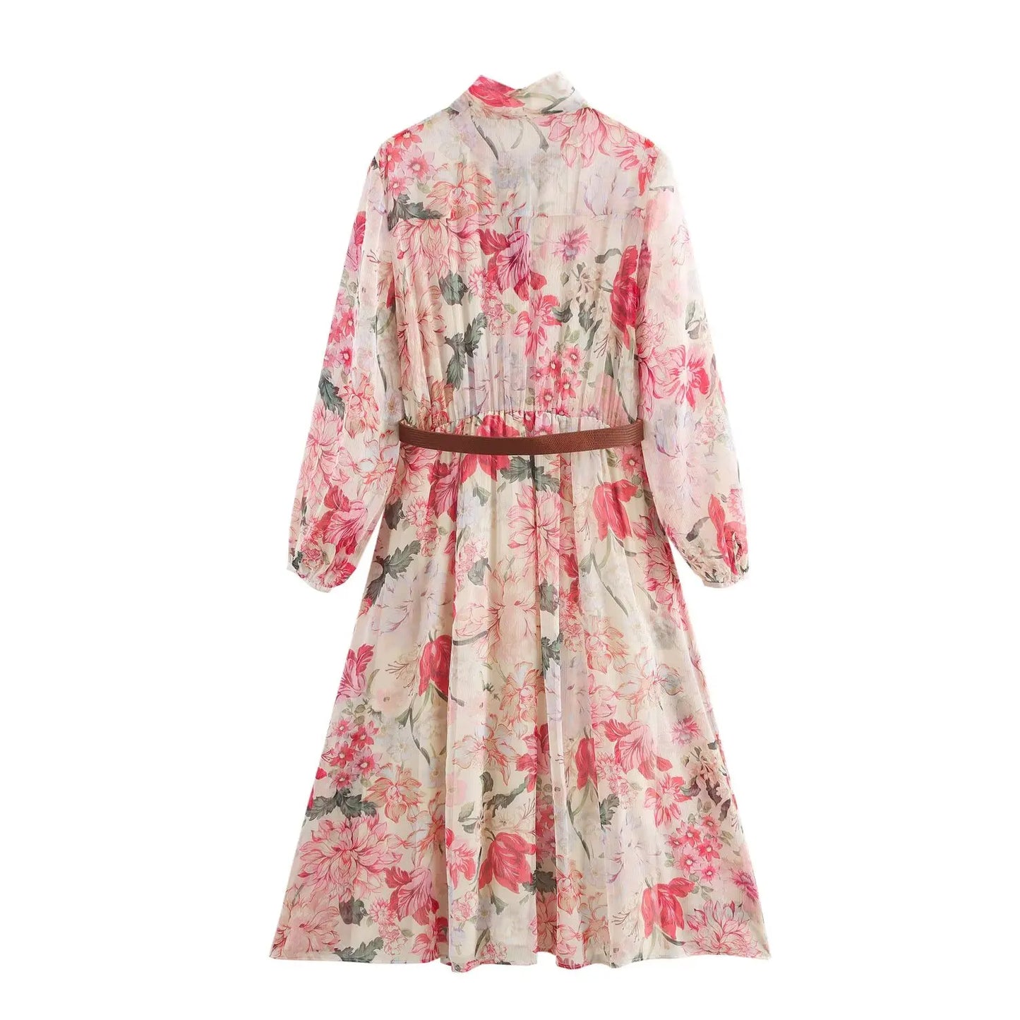 New Women's Long Sleeve Dress with Neck Tie Design Belted Waist and All - over Floral Pattern for Casual Wear