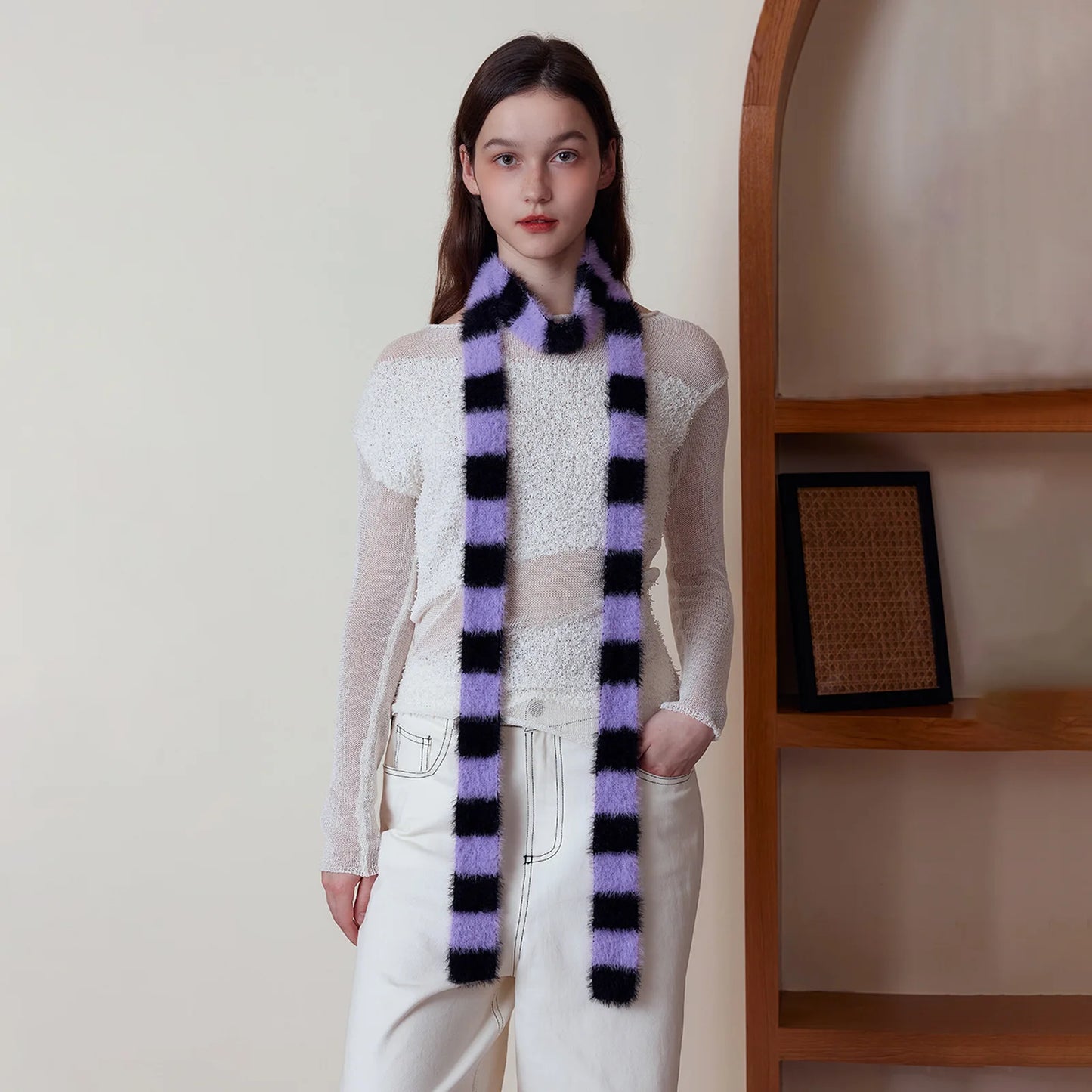 4.5cm*195cm Small Narrow Striped Scarf Y2K Style Women Knit Long Fluffy Scarf Black white Stripes