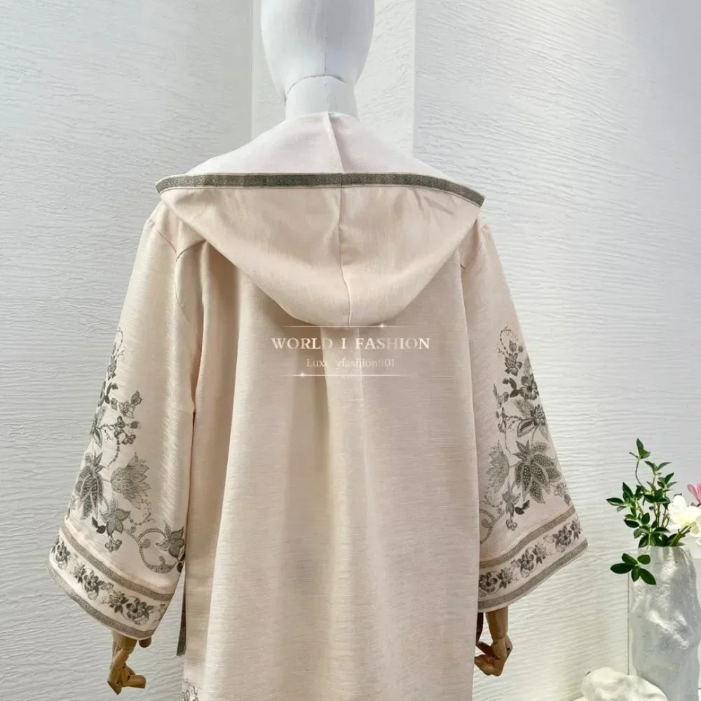 New Fashion Beige Long Sleeve Hooded Peacock Floral Print Loose Midi Dress