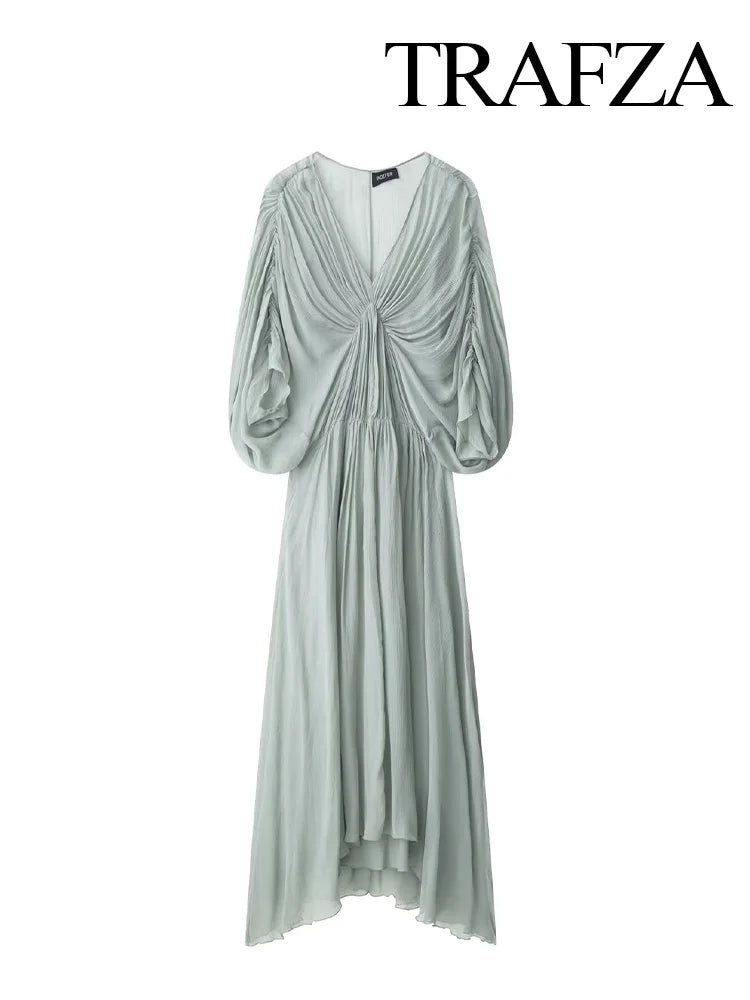 TRAFZA Women's Summer Fashion V-neck Pleated Decoration Short Sleeve Mid Dress Female Elegant Backless Solid Sexy Long Dress