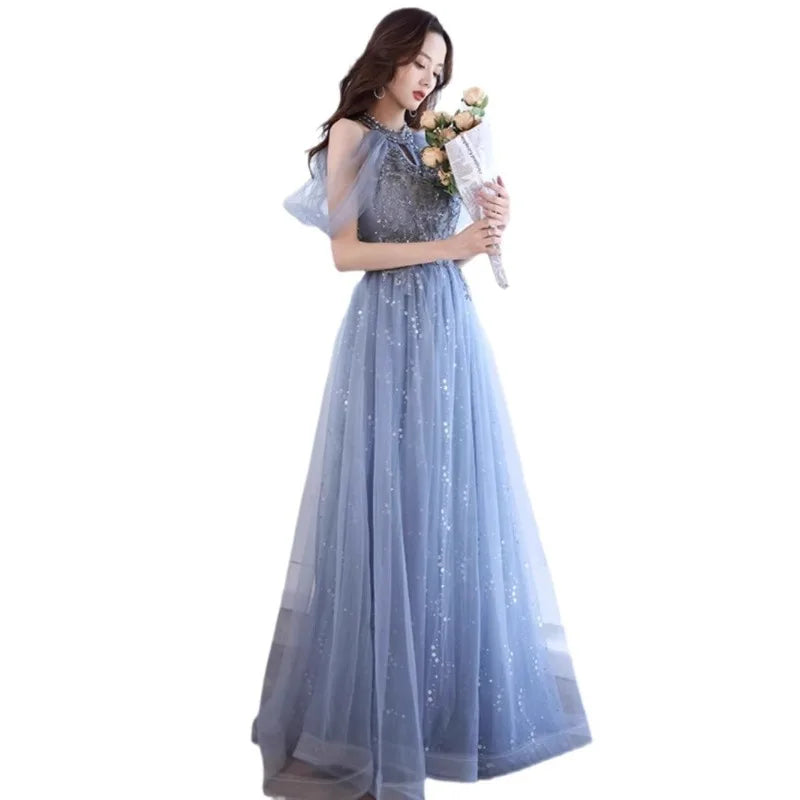 Evening Gown for Women New Style Elegant Temperament Socialite Long Style Host French Banquet Blue Long Style Dress