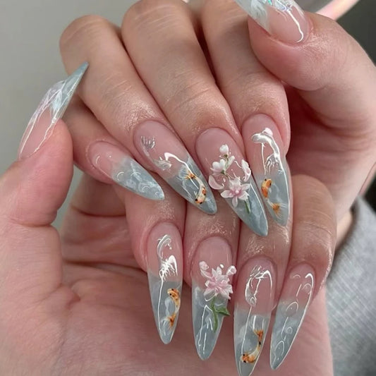 10 Pcs Floral & Fish Long Almond Press On Nails Hand Carved 3D Art Reusable Gel Tips Spring Fake Nails for 2025 Trendy Manicure