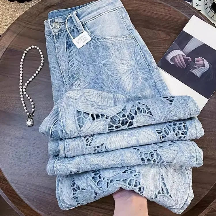 Summer Women Lace Floral Embroidery Wide Leg Denim Pant Spliced Loose Fit High Waist Hollow Out Jeans Streetwear Long Trousers