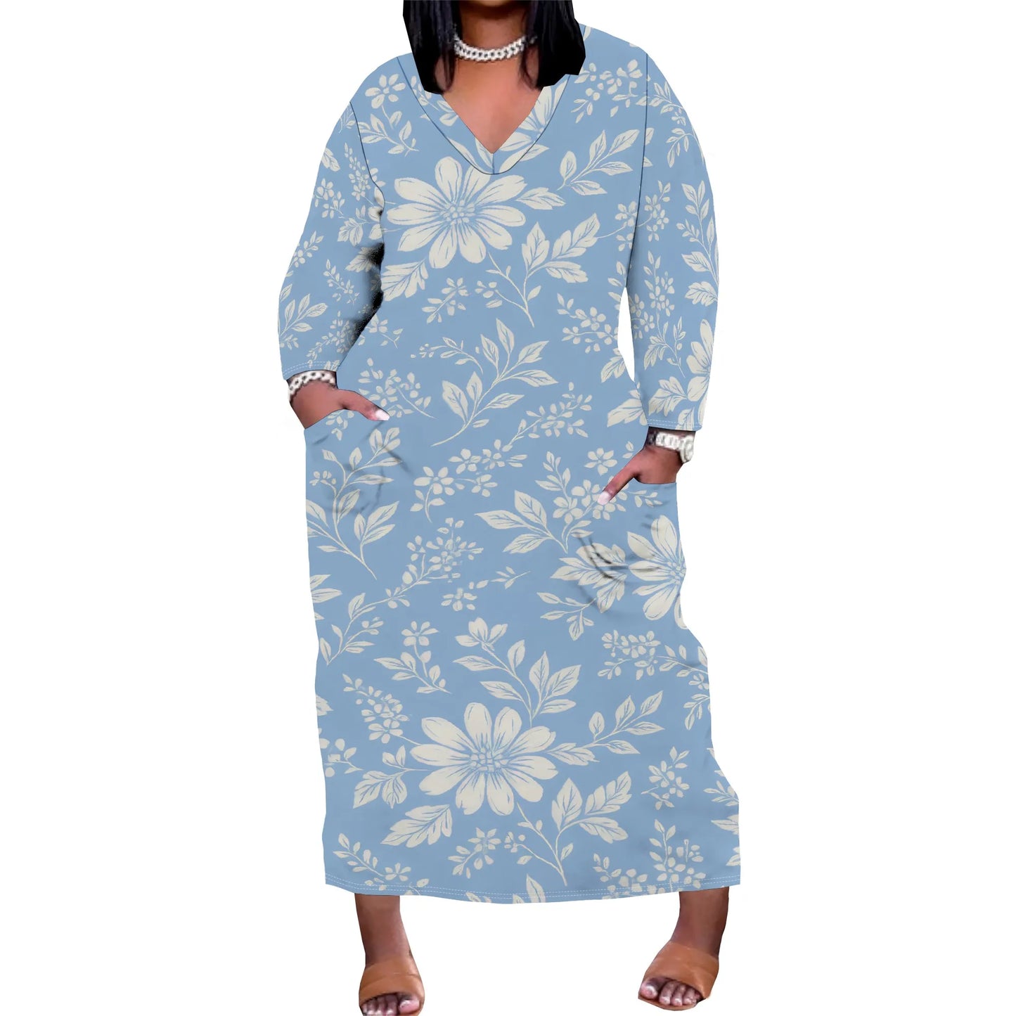 Women's Long Sleeve Plus Size Polka Dot Print Maxi Dress V Neck with Pockets Dress Loose Casual Autumn Outfit