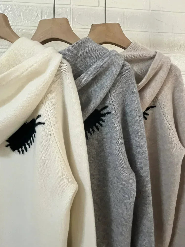 Women Hooded Sweater Heart-Shaped Letter Jacquard 100% Cashmere 3 Colors Casual Autumn Winter Lady Jumper