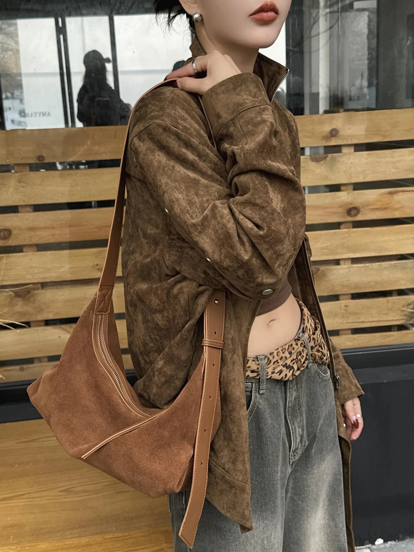 Hot Sale Maillard Coffee Color Triangle Tote Unique Design Thick Suede Cow Leather Women Handbag High Quality Lady Shoulder Bag