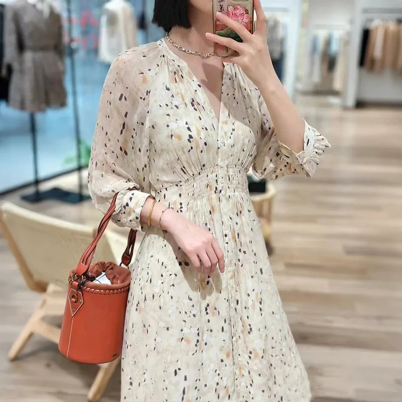 Floral Print Ladies V-Neck Lace-Up Wrap Dress Short-Sleeved Slim High-Waisted Lady Slit Long Robe