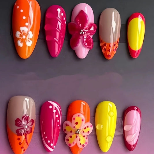 Tropic Affair 3D Flower Nails 10Pcs Handmade Manicure Medium Almond Fake Nails Press On Nails Design With Adhesive Nail File Set