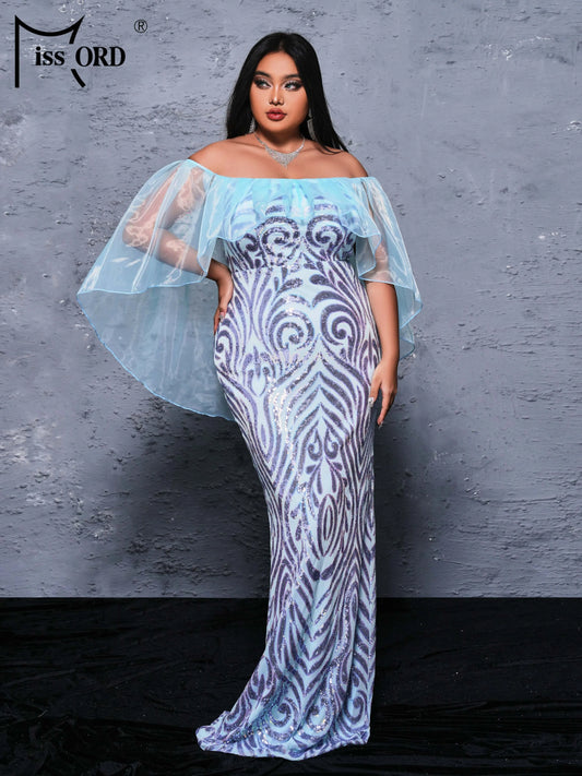 Missord New Plus Size Off Shoulder Batwing Sleeve Sequin Mermaid Evening Gown Wedding Birthday Party Prom Dress