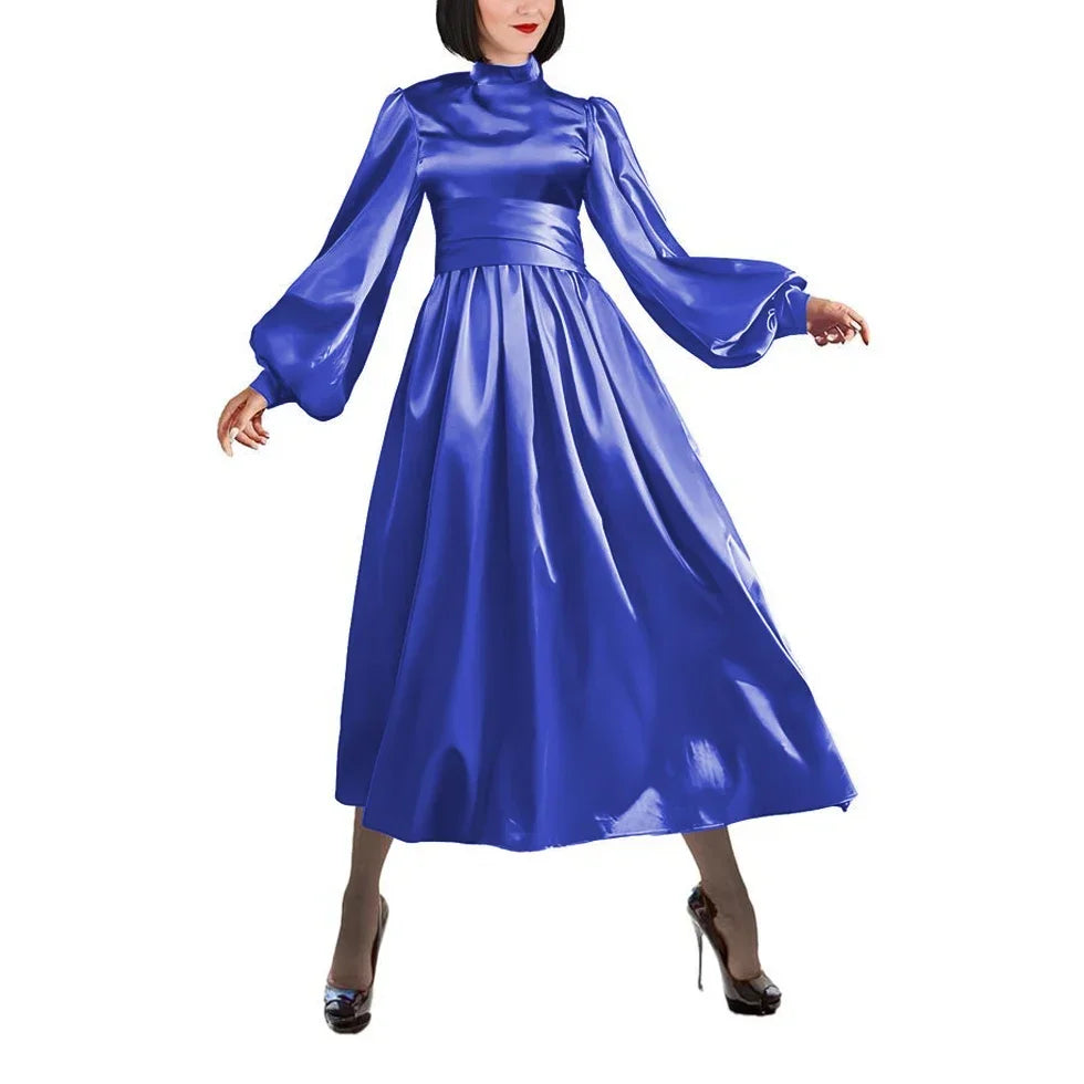 Plus Size Satin Evening Dress Elegant Drape High Neck Long Sleeve Dress Ladies Party Belted Long Gown Women A-Line Prom Dress