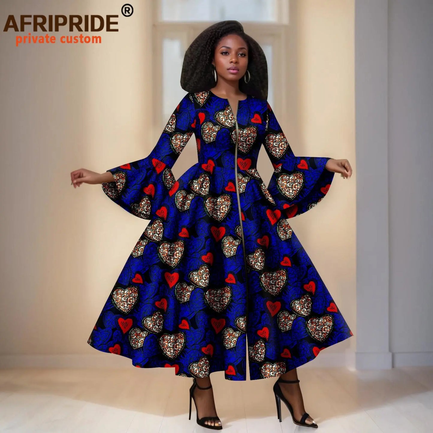 African Print Dresses for Women Flare Sleeve Elegant Zip Maxi Dress Party Attire for Lady Dashiki Long Dress