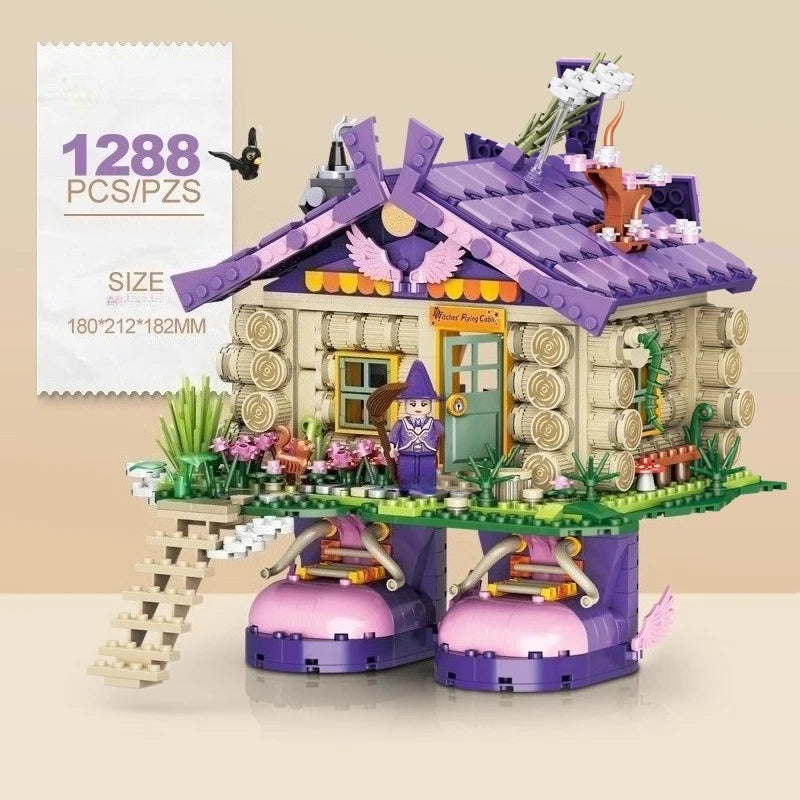 Witch Flying Log Cabin Building Blocks Magic Wooden House Model Ornaments Children’s Educational Assembled Toys Halloween Gifts