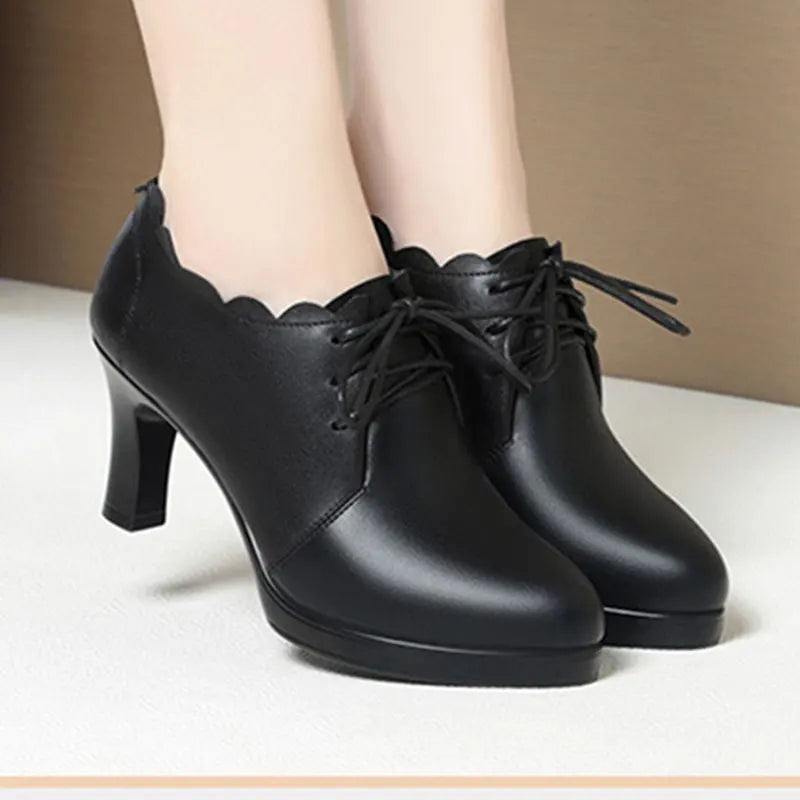 Manufacturer   Spring Autumn Soft Leather Soft Sole Versatile Fashion Comfortable High Heels Lace-Up Deep-Mouth Shoes Women's Leather Shoes   Pumps