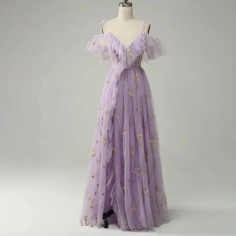 Women's Lace Embroider Flowers Pom Dress Ruffles Spaghetti Strap Backless Wedding Guest Formal Gowns Long Split Party Dresses