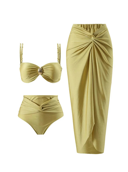 Solid Color Women's Bikinis Trend  Sexy High Waisted Split Swimsuits Elegant Backless Beach Outfit with Cover Up Nylon Skirt