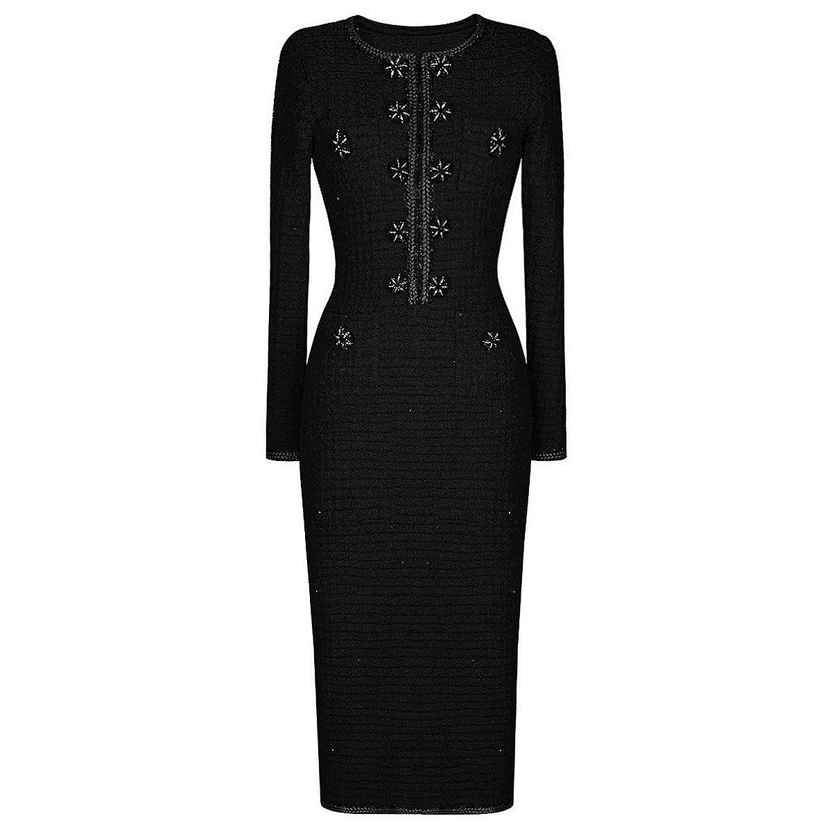 Three Colors Of High-quality Autumn New Style Fashionable Stretch Knit Round Neck Big Button Long Sleeved Slim Fit Women's Dress