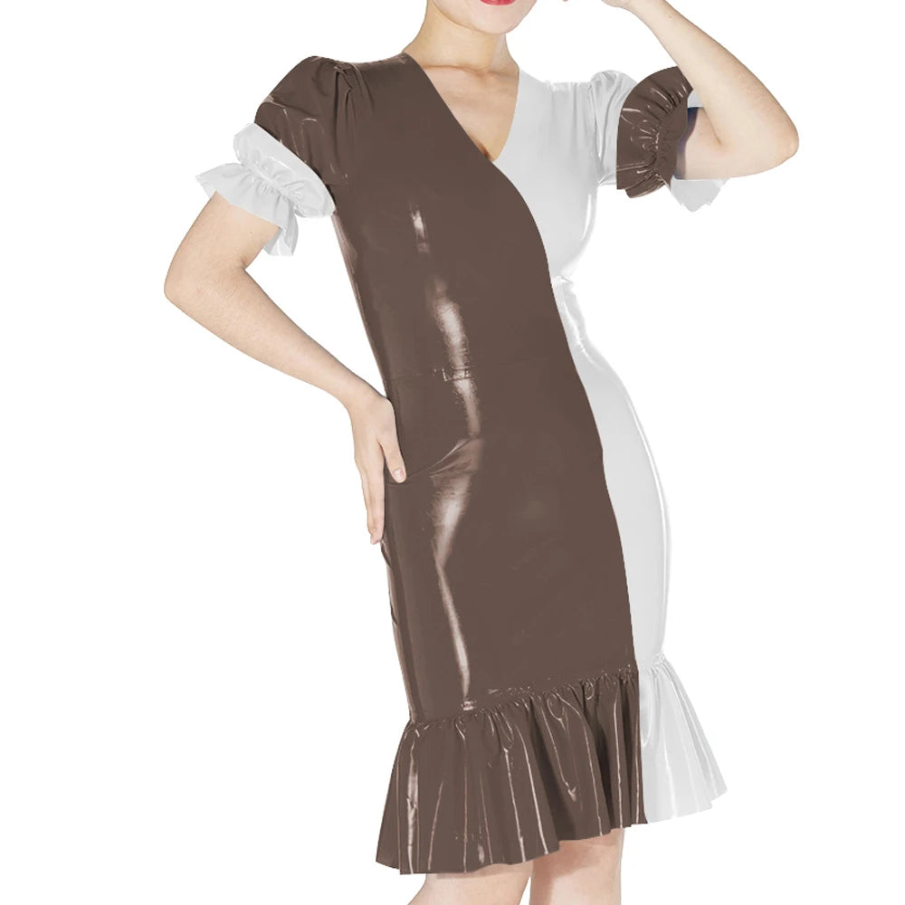 Plus Size Knee-length Patchwork Dress Glossy Faux Leather Party Bodycon Short Sleeve Dress Back Zipper Ruffles Hem Womens Dress