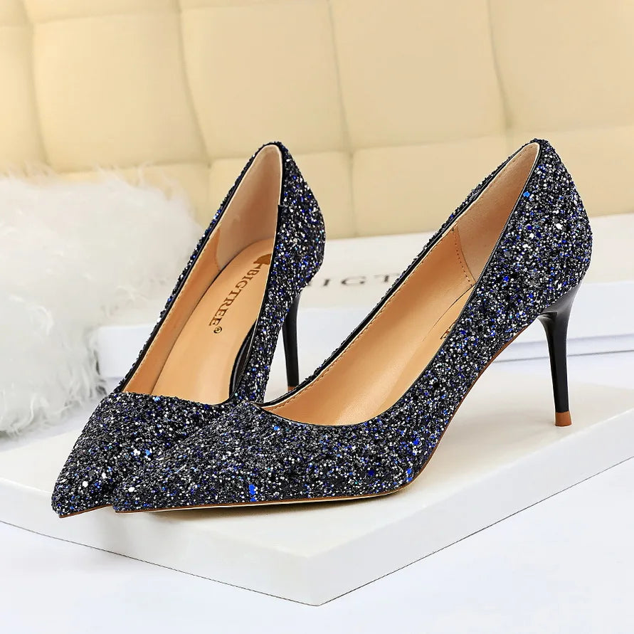 Manufacturer   Women 7cm 9.5cm High Heels Pumps Wedding Bridal Scarpins Sparkly Mid Heels Lady Party Sequins Glitter Evening Gold Silver Shoes   Pumps