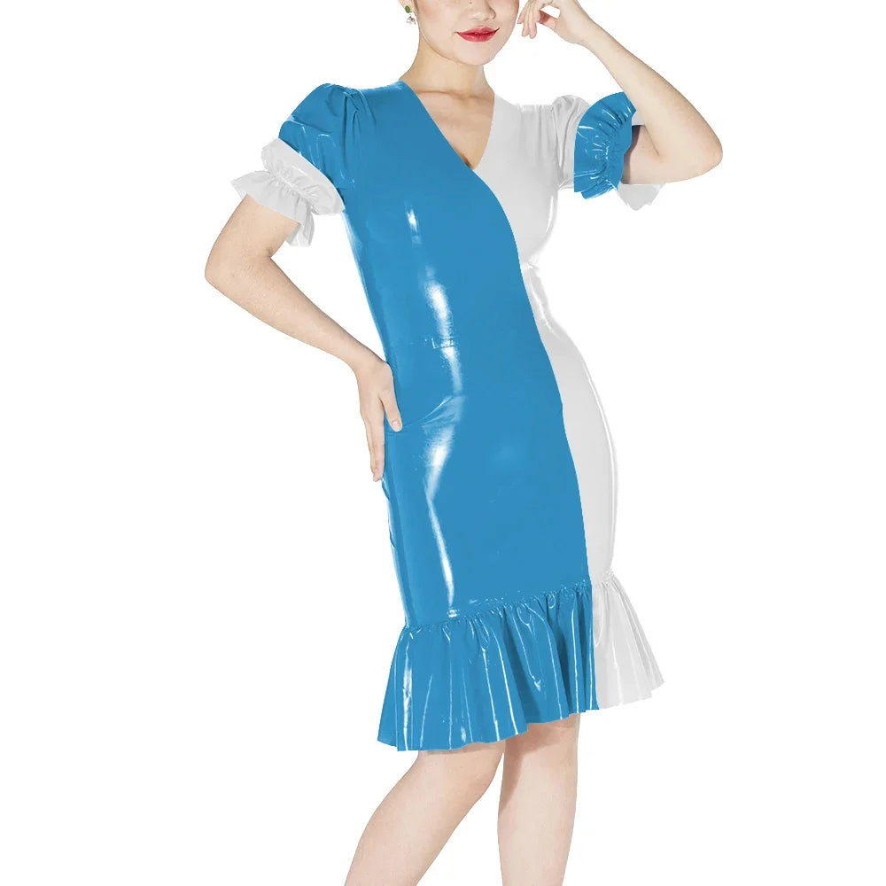 Plus Size Knee-length Patchwork Dress Glossy Faux Leather Party Bodycon Short Sleeve Dress Back Zipper Ruffles Hem Womens Dress
