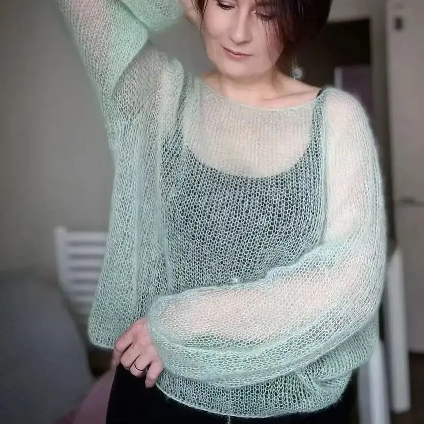Sweet one neck pullover thin hollow out sweater for women, hand woven loose and comfortable mohair wool sweater new style