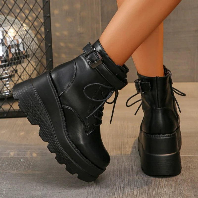 Manufacturer   NEW Punk Style Women Shoes Lace-up heel height 9CM Platform Shoes Woman Gothic Ankle Rock Boots Metal Decor Woman Sneakers   boots