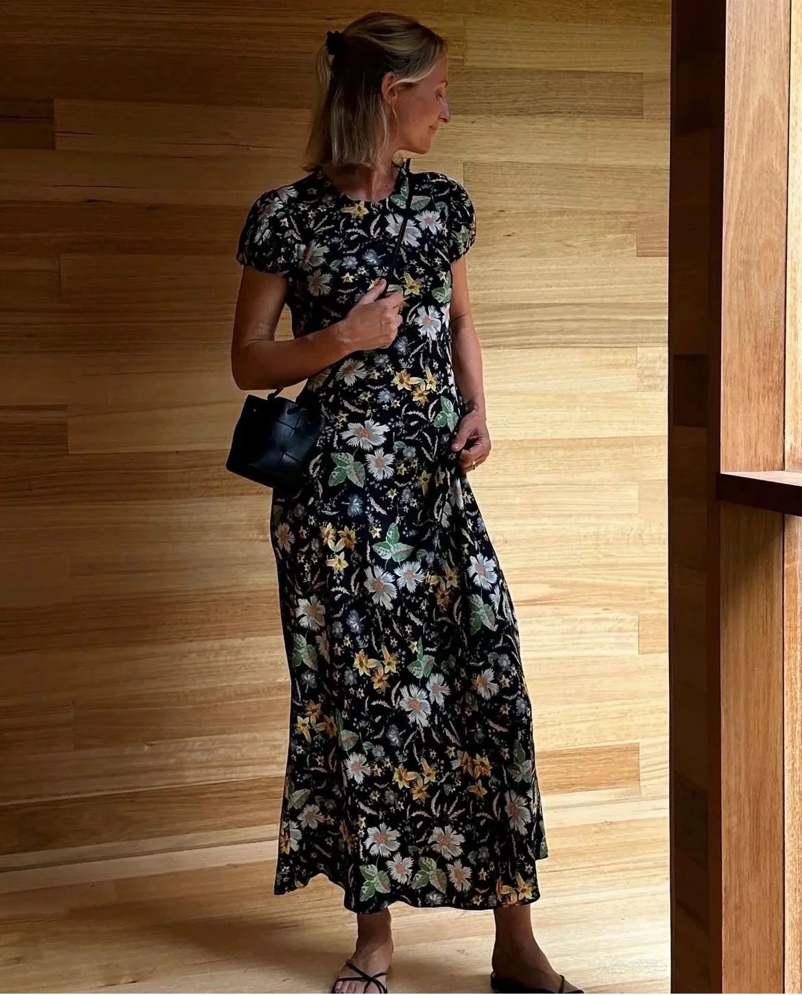 Women Retro Flower Print Long Dress Round Neck Short Puff Sleeve Vintage Slim Robe