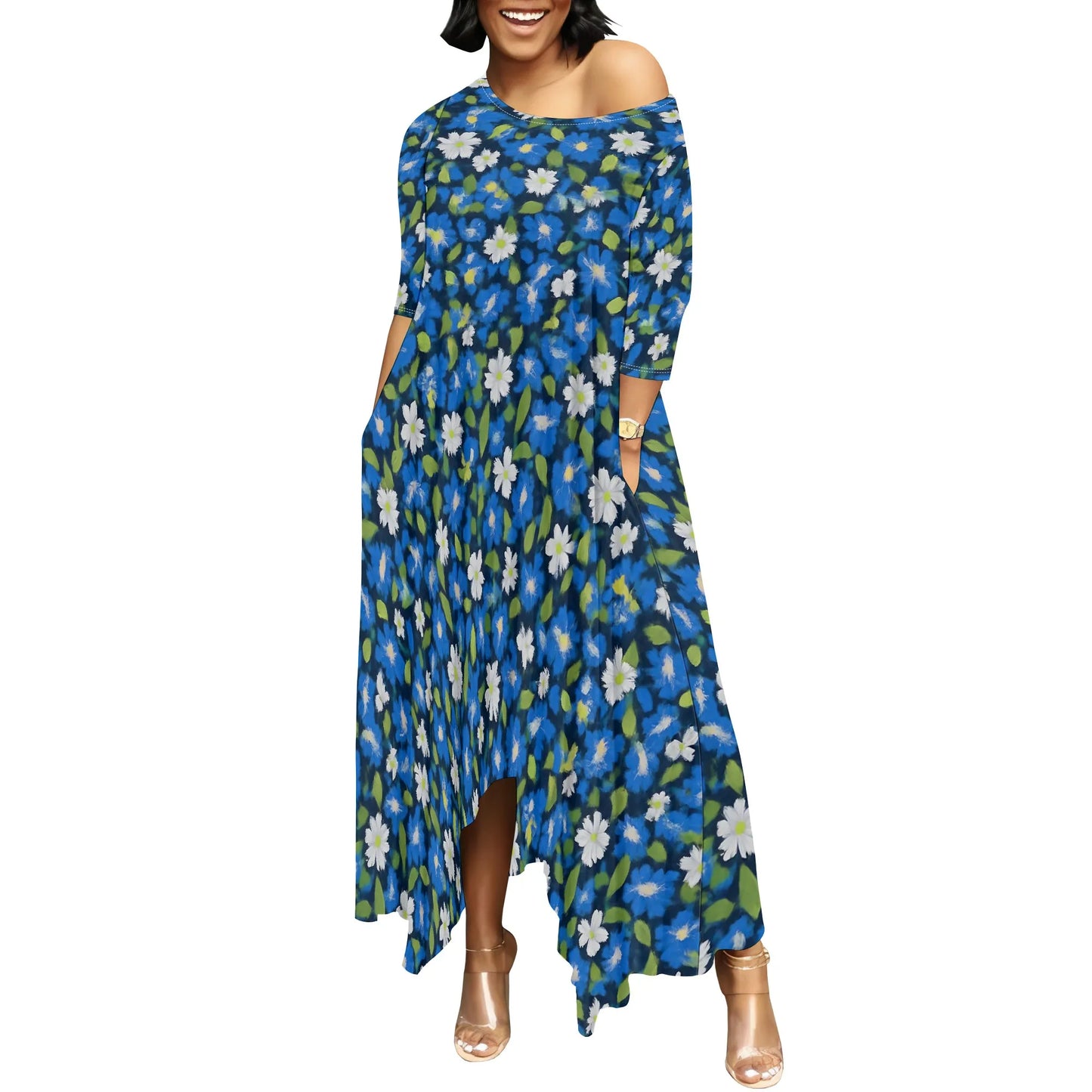 Women One Shoulder Sleeve Printed Dress High Waist Split Party Cocktail Long Dress