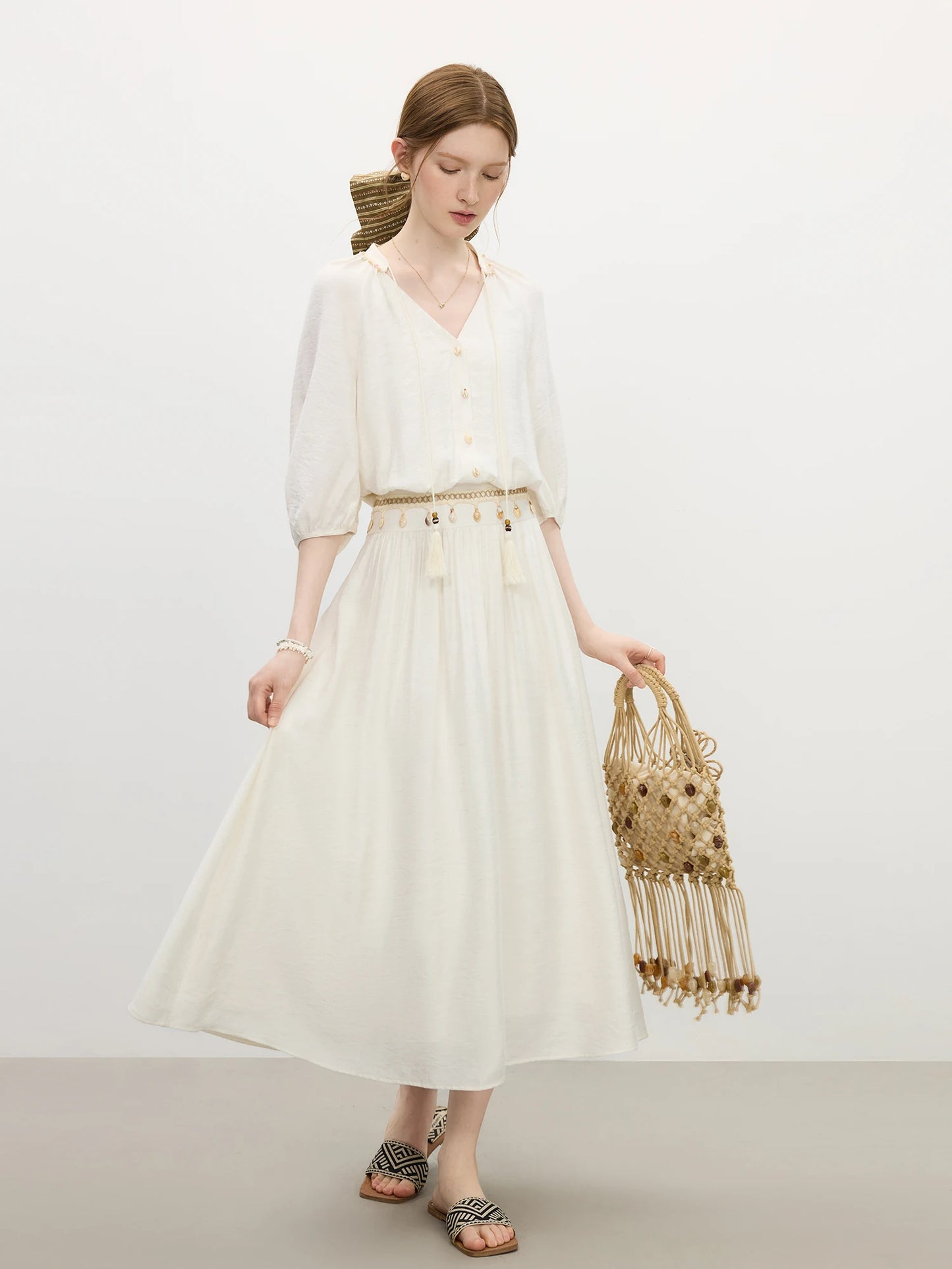 FSLE High Waist Dress for Women Summer New Arrival Lantern Sleeves V-neck Strappy Holiday Long Romantic Dress
