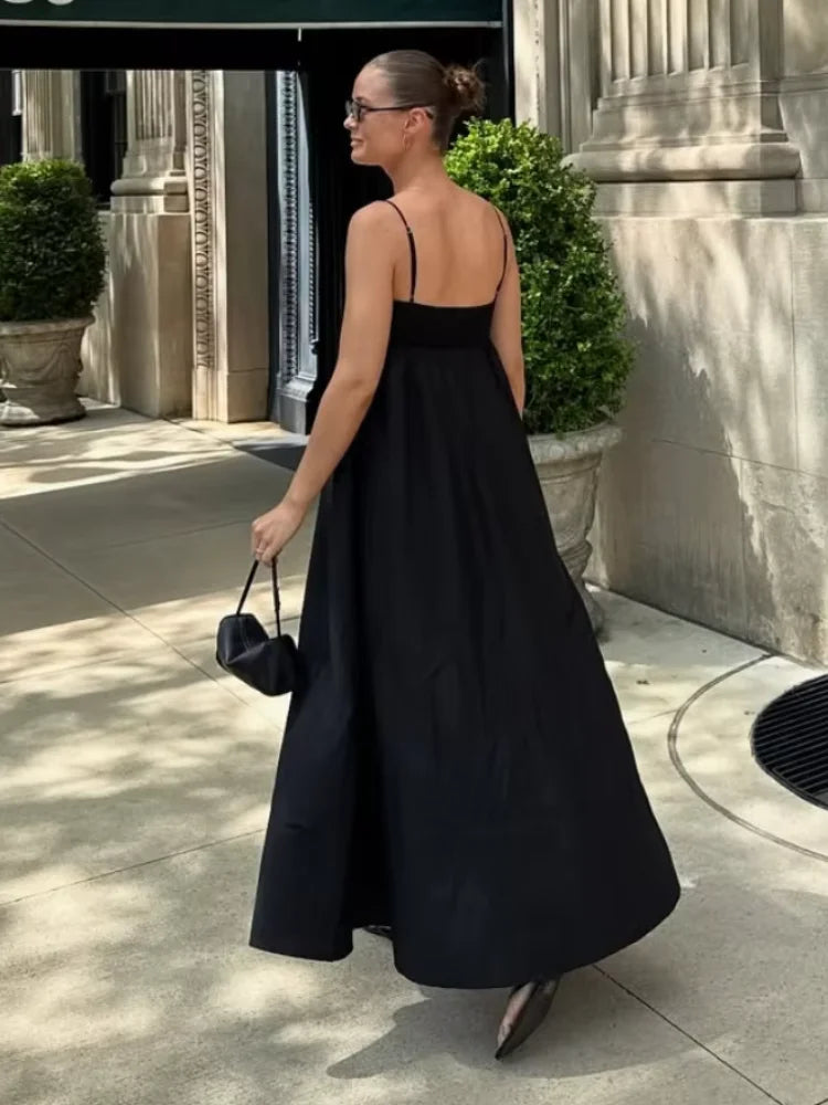 Black Backless Sling Long Dress Women Casual Loose Square Neck High Waist Vestidos  Chic Summer Lady Vacation Street Robe