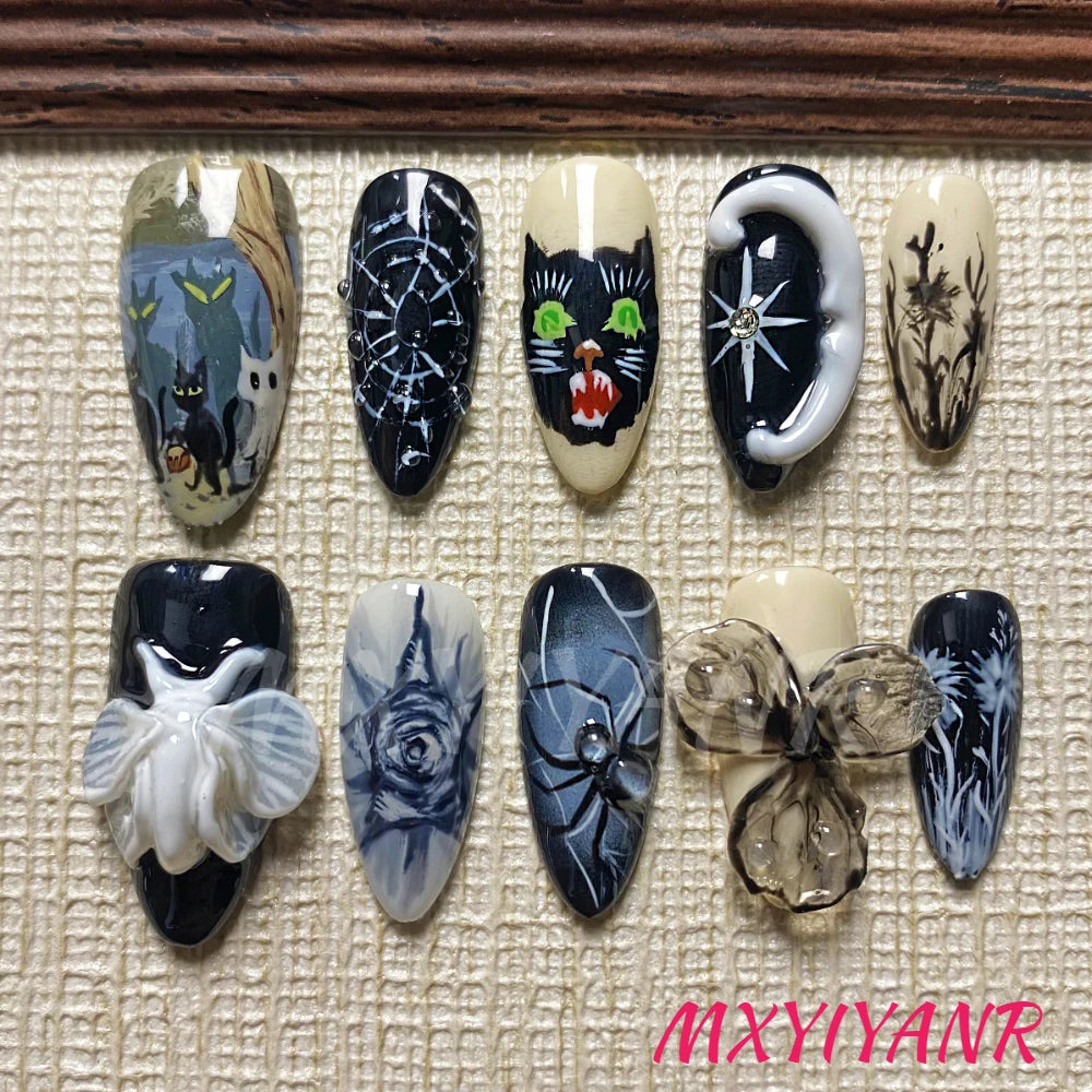 Handmade Halloween Press On Nails Black and White Combination 3D Medium Almond Fake Nails Terrifying Cat Design Art DIY Nails
