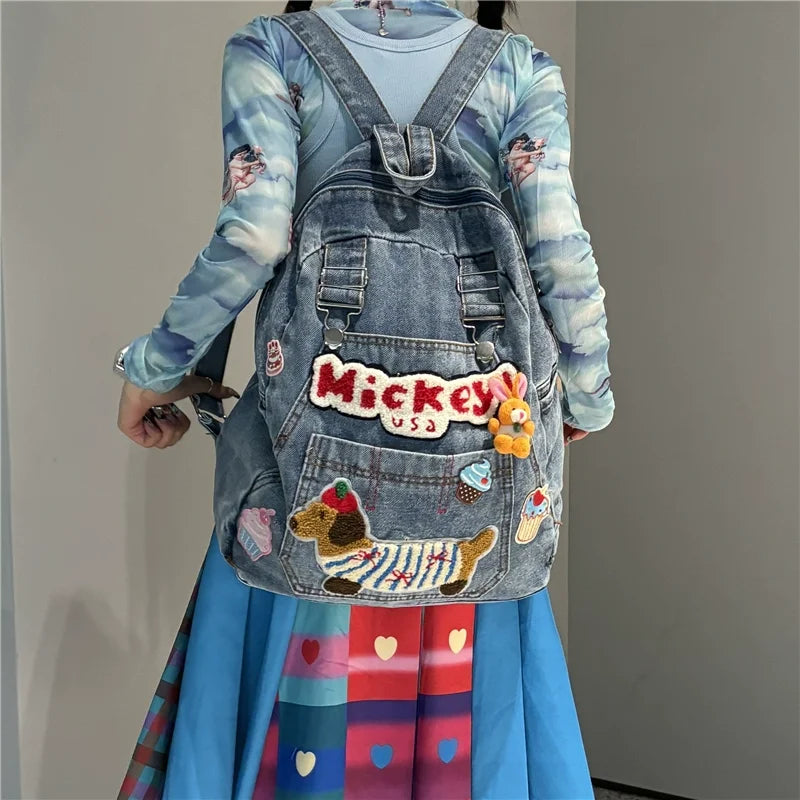 European/American Fashion Original Personalized Backpack Embroidered Cartoon Pattern Splicing Contrasting Color Travel Backpack  bag