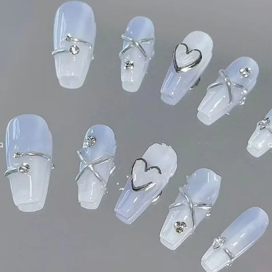 Handmade Press on Nails Blue and White Nail Tips 3d Silver Heart High Quality Coffin Medium Long False Nails with Box and Tools