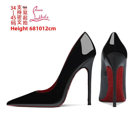 Manufacturer   Red Bottom High Heels Women's Thin Heel Summer New Sexy Black Patent Leather Soft Bottom Pointed Toe Single Shoes   Pumps