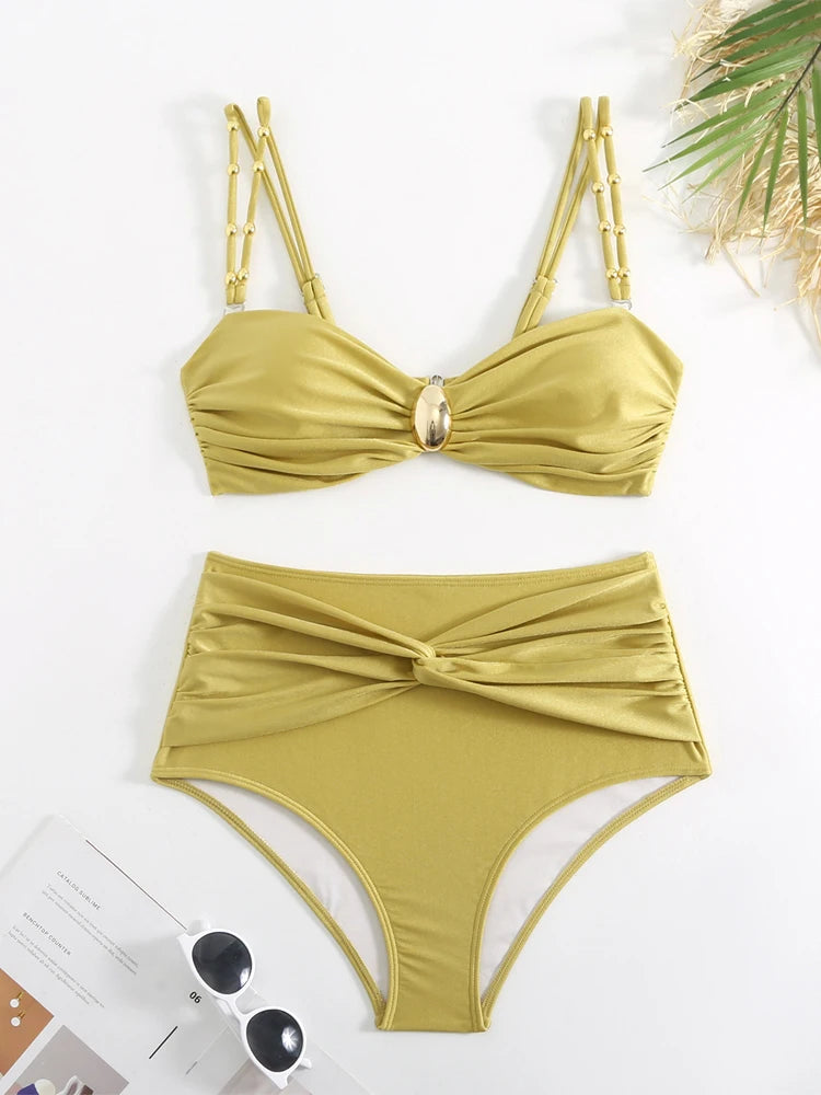 Solid Color Women's Bikinis Trend  Sexy High Waisted Split Swimsuits Elegant Backless Beach Outfit with Cover Up Nylon Skirt