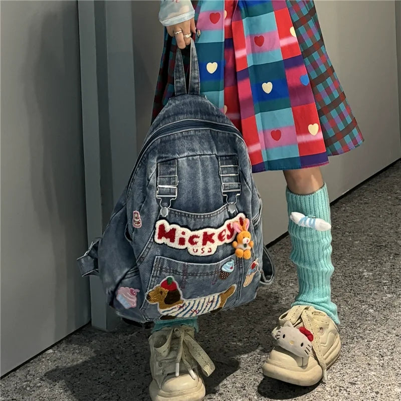 European/American Fashion Original Personalized Backpack Embroidered Cartoon Pattern Splicing Contrasting Color Travel Backpack  bag