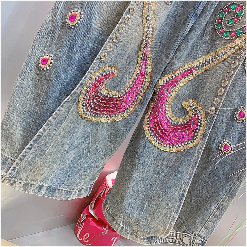 WHITNEY WANG Designer Style  Autumn Winter Fashion Streetwear Sequins Diamonds Wide Leg  Jeans Women Denim Pant Size S-5XL