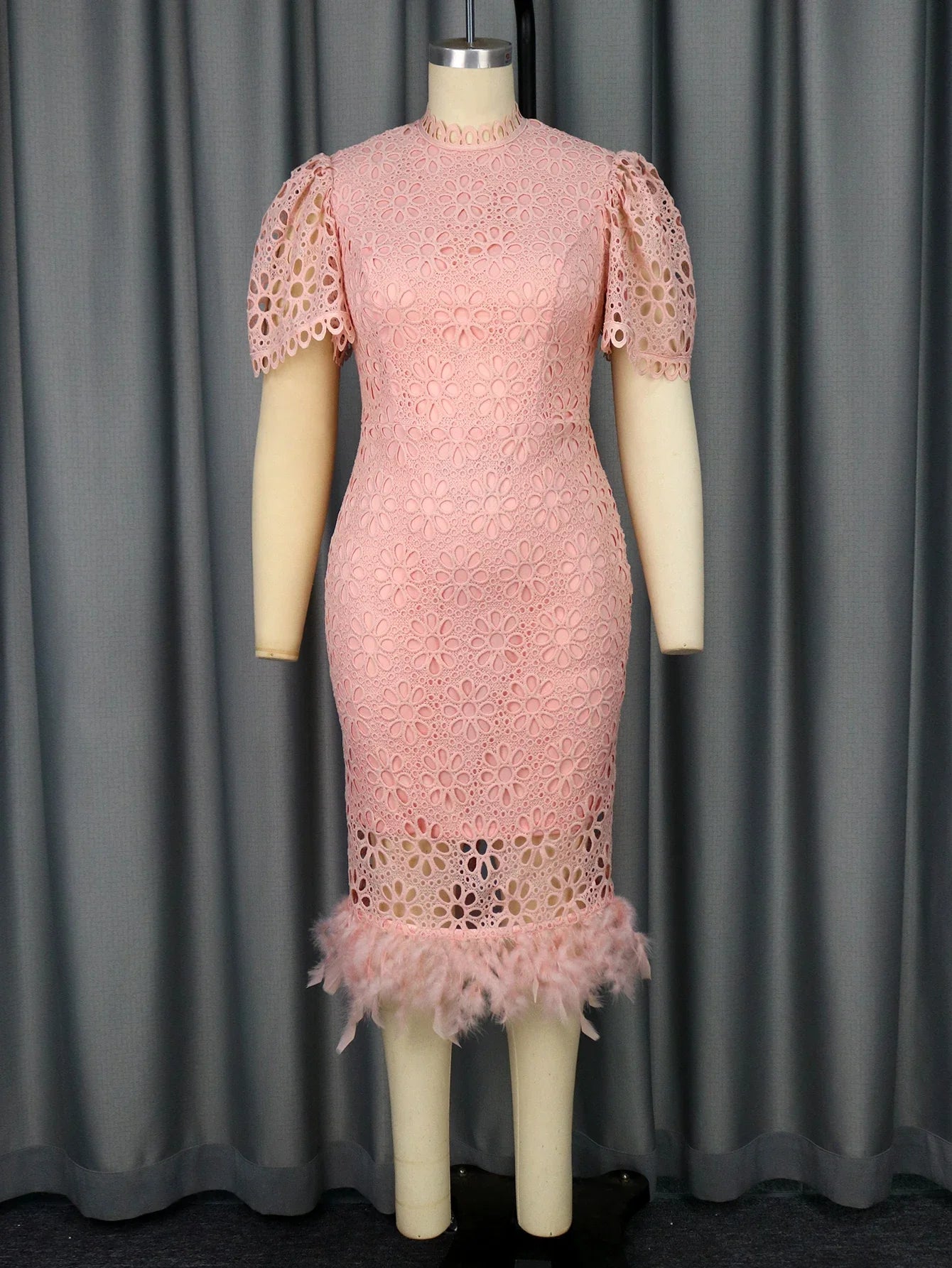 ONTINVA Women Pink Lace Church Dress Short  Lantern Sleeve Slim Fit Feather Hem Plus Size Wedding Guest Prom Evening Party Gowns