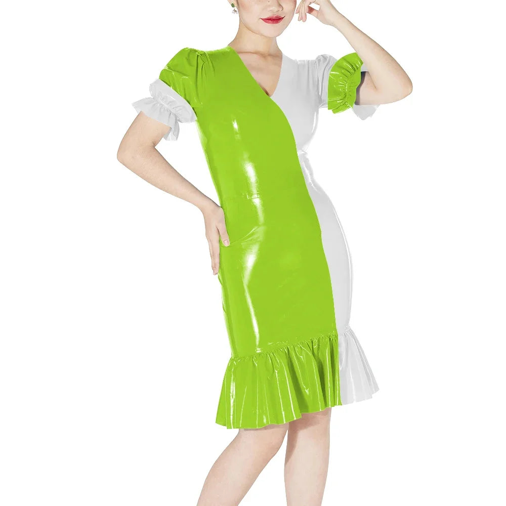 Plus Size Knee-length Patchwork Dress Glossy Faux Leather Party Bodycon Short Sleeve Dress Back Zipper Ruffles Hem Womens Dress