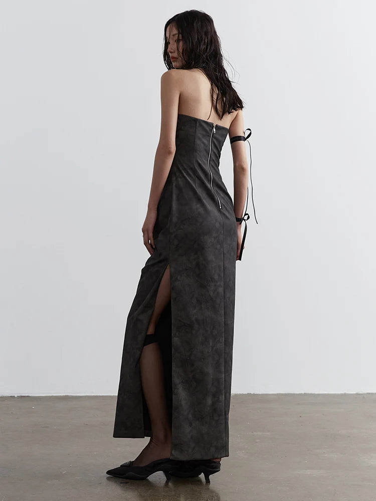[EAM] Women Gray Shaped Pleated Pu Leather Long Elegant Strapless Dress New Sleeveless Fashion Tide Spring Autumn  1DH4724