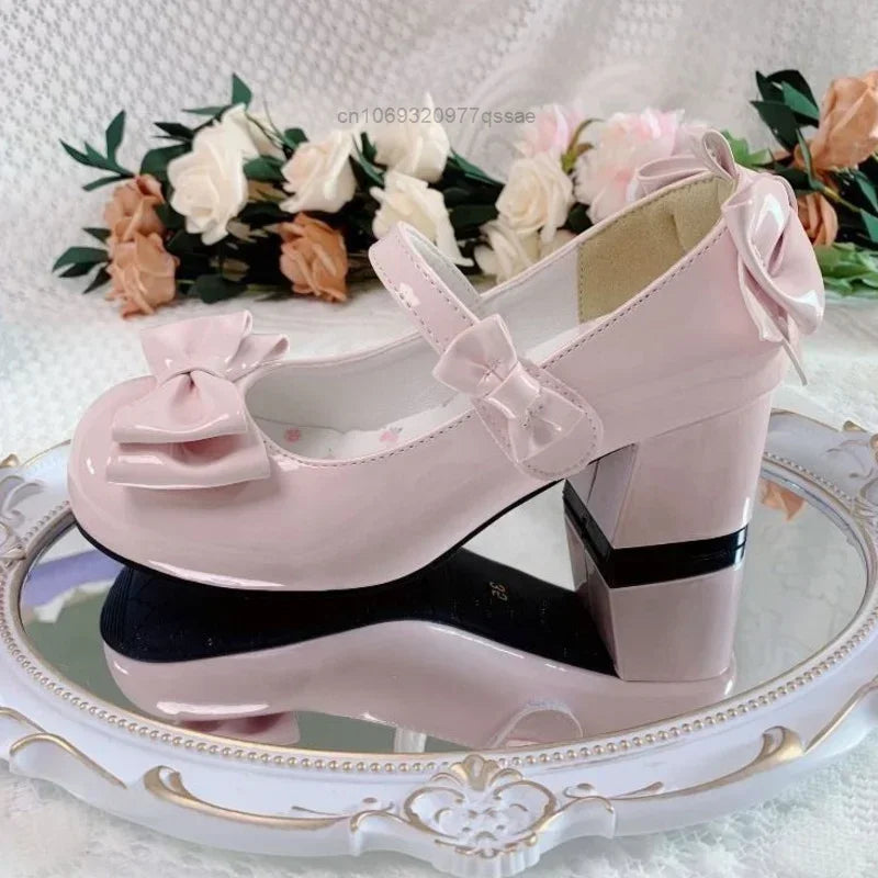 Manufacturer  Lolita Style Cute Round Head  Jane Pumps With Bow Women's Sweet Party Dress Midi Heels Shoes Fashion PU Sandals   Pumps