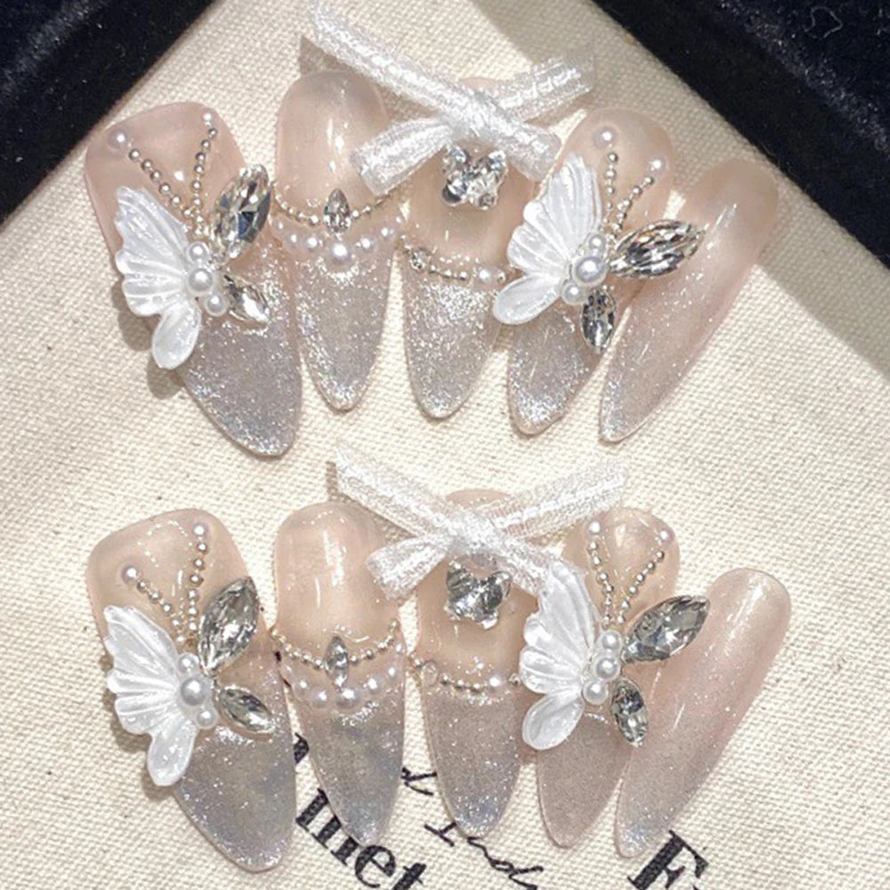 5 Sets Wearable Pink Press on Fake Nails with glue wearing tools false nail butterfly lovely false nails Handmade Bulk Wholesale