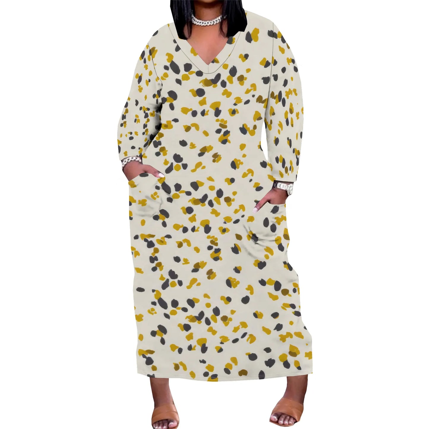 Women's Long Sleeve Plus Size Polka Dot Print Maxi Dress V Neck with Pockets Dress Loose Casual Autumn Outfit