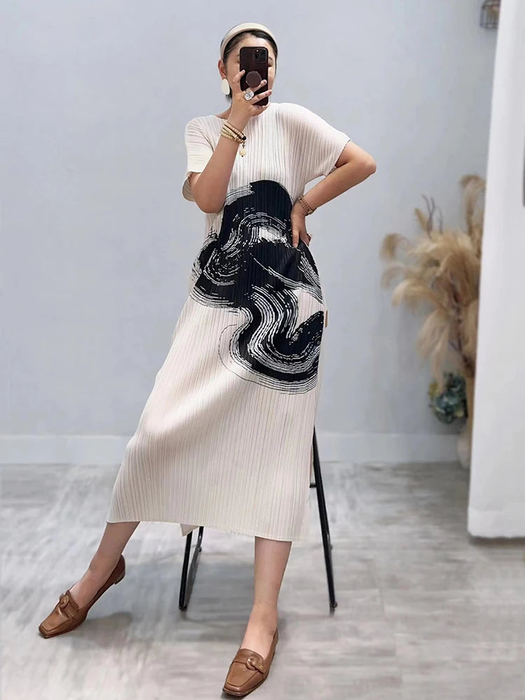 TIANPEI Pleated Ink Painting Printed Dress Fall  Summer New Large Size Long Elegant Slit Dress Designer Clothing