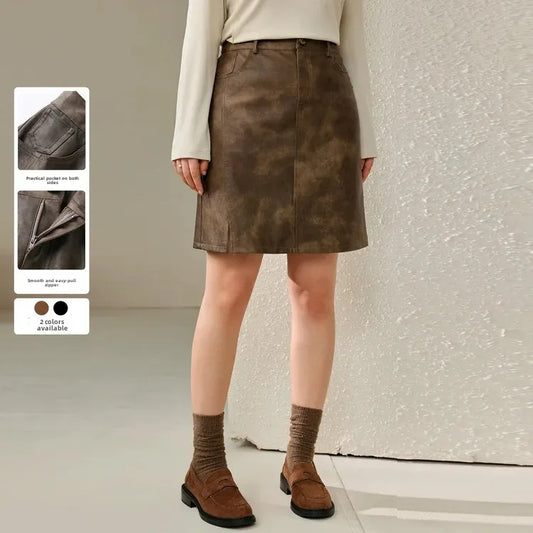 Plus Size Vintage Fashion Plus Size Women's Clothing Spicy Girl Style Trendy Versatile PU Leather Skirt Autumn New Arrival dress