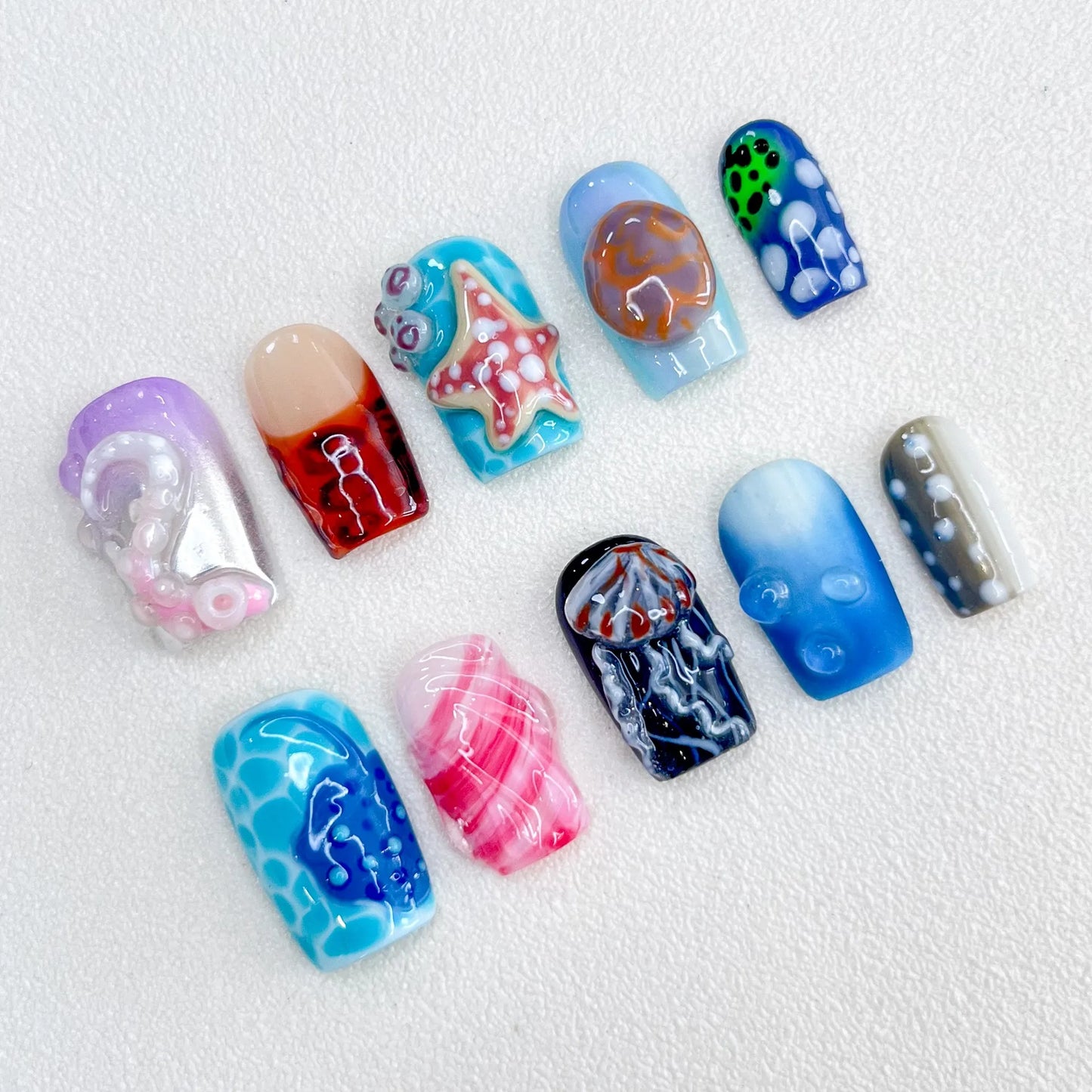3D Handmade Trapezoidal Fake Nail Manicure Marine Series Octopus Starfish Inlaid Press on Nails Mandarin Duck Personalized Style