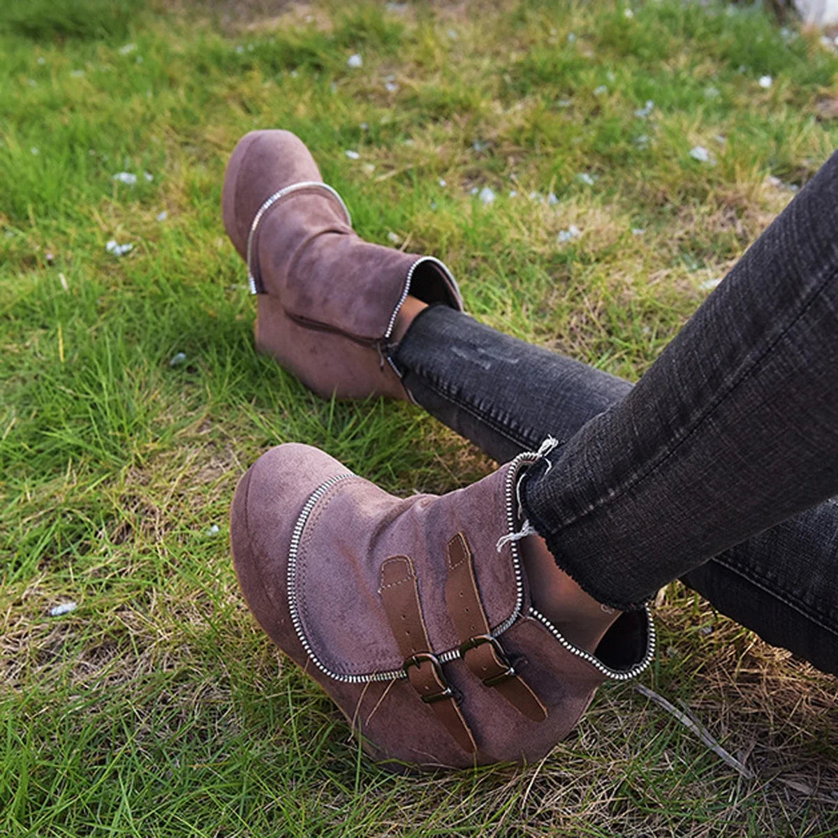 Manufacturer   2025 Modern High-heel Boots for Women Ankle Wedges Suede Ladies Shoes Splicing Fake Zip Belt Buckle Height Increasing Daily Wear   boots