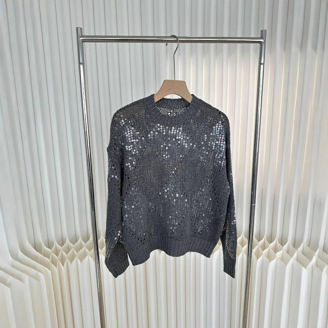 Spring And Summer Ladies New Heavy Embroidery Sequin Top Lazy Style Loose Hollow Pullover Knitted Sweater