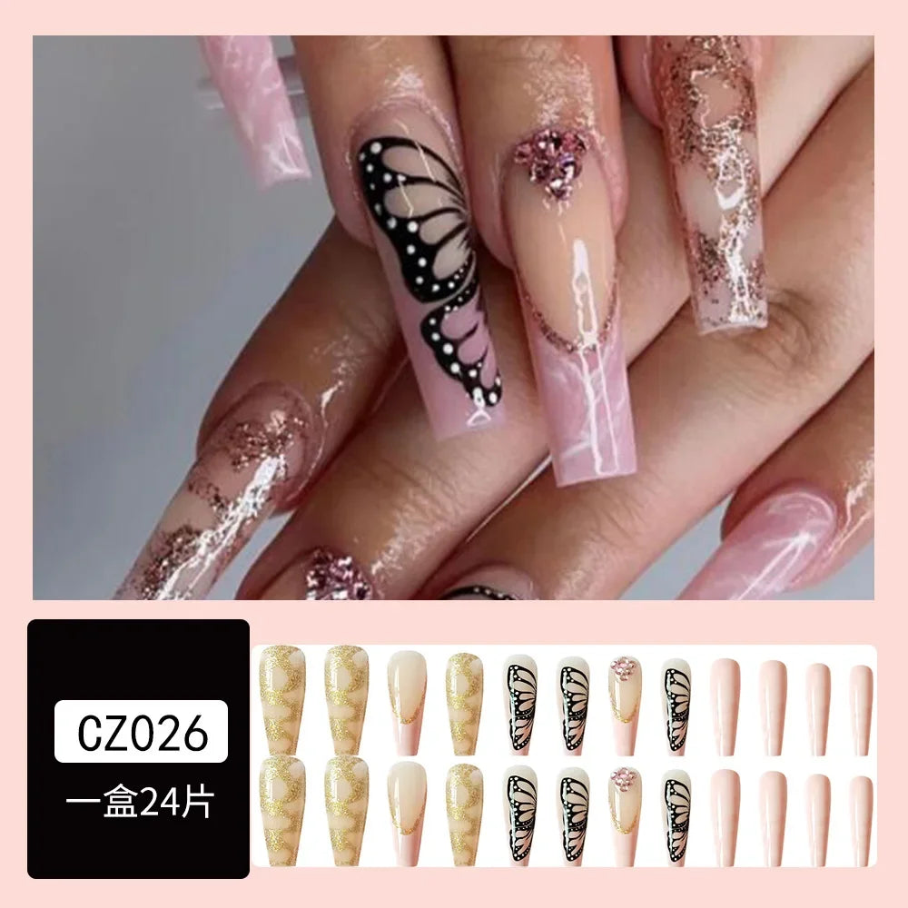 24Pcs Halloween Black Ghost Long Ballet False Nails Wearable French Ballerina Fake Nails Press On Full Cover Manicure Nail Tips