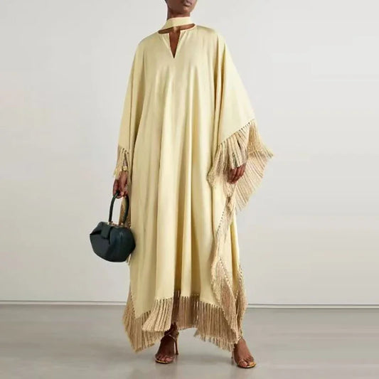 Robes Woman Solid Tassel Irregular Long Dresses Spring Flare Long Sleeve Loose Maxi Dress Fashion V Neck Tie-up Boho Party Dress